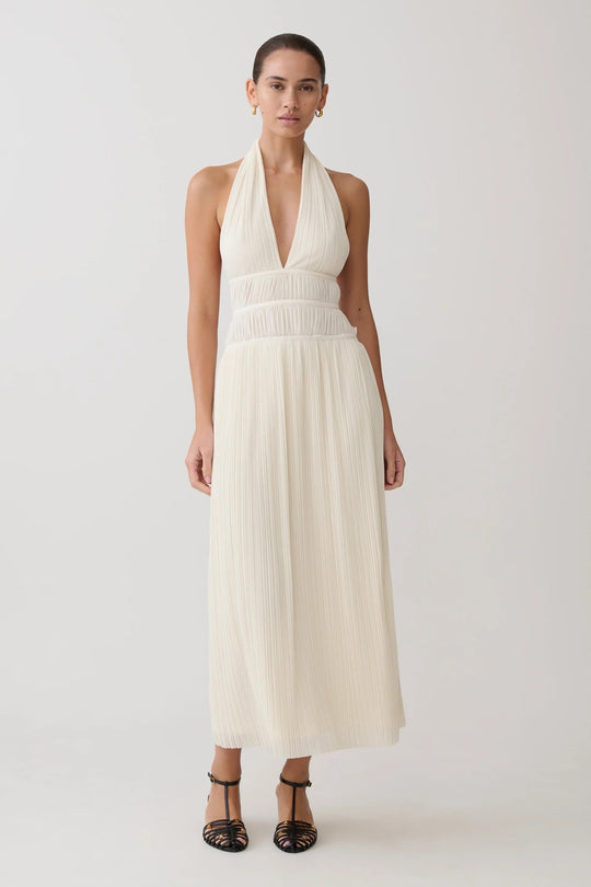 Damen Fließendes Maxikleid mit tiefem V-Ausschnitt und Plisseedetails EB