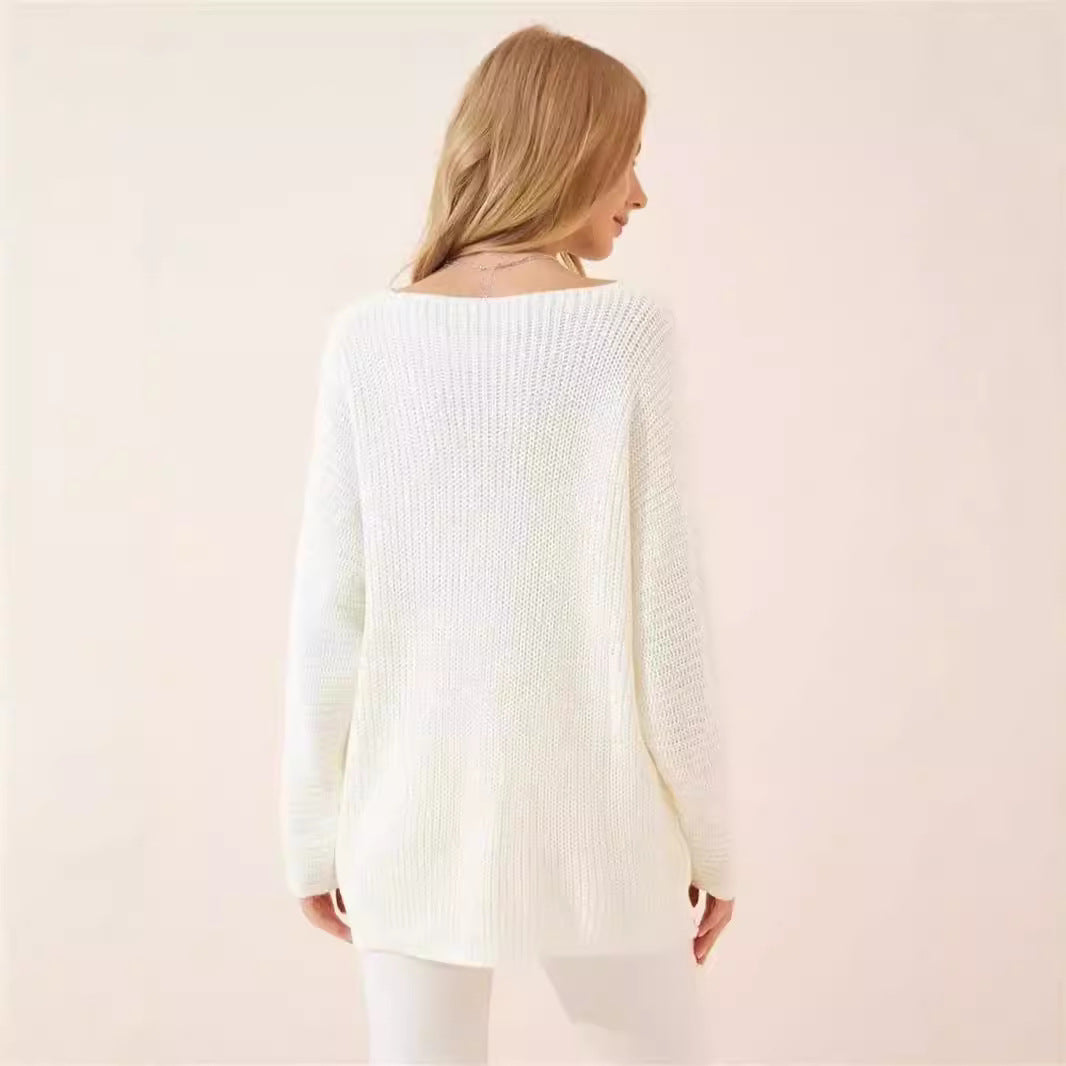Damen lässiger V-Ausschnitt Pullover mit strukturiertem Strickmuster EB