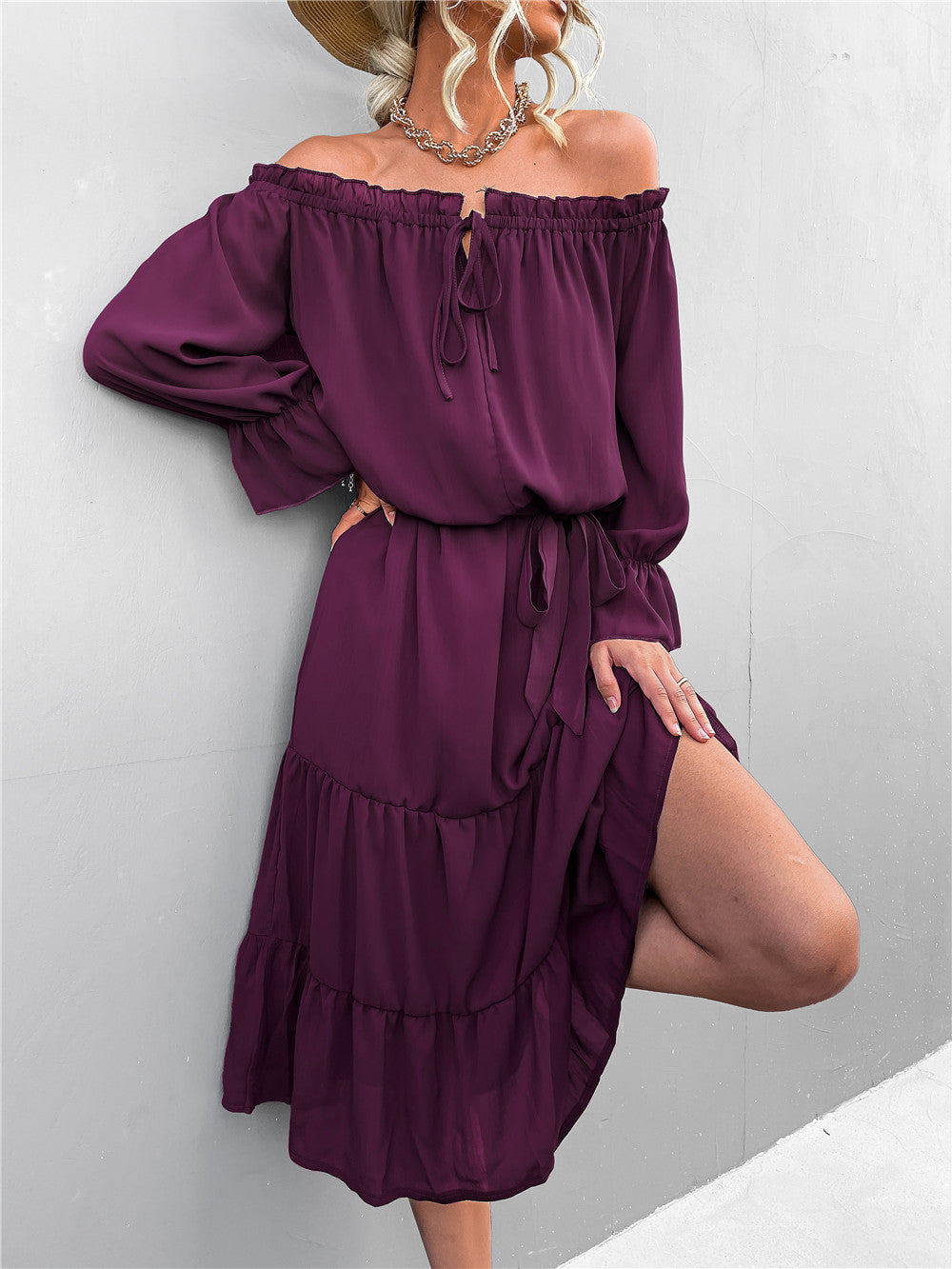 Damen lässiges Off-Shoulder Kleid mit Rüschensaum und Taillengürtel EB