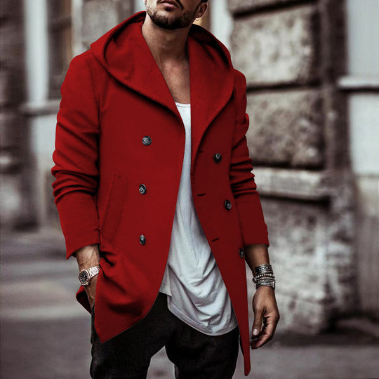 Herren stylischer Hoodie-Mantel mit doppelter Knopfreihe und weitem Kragen EB
