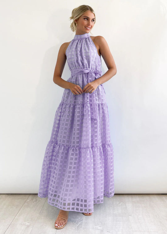 Damen Maxikleid mit raffiniertem Hochkragen und gestuftem Design EB