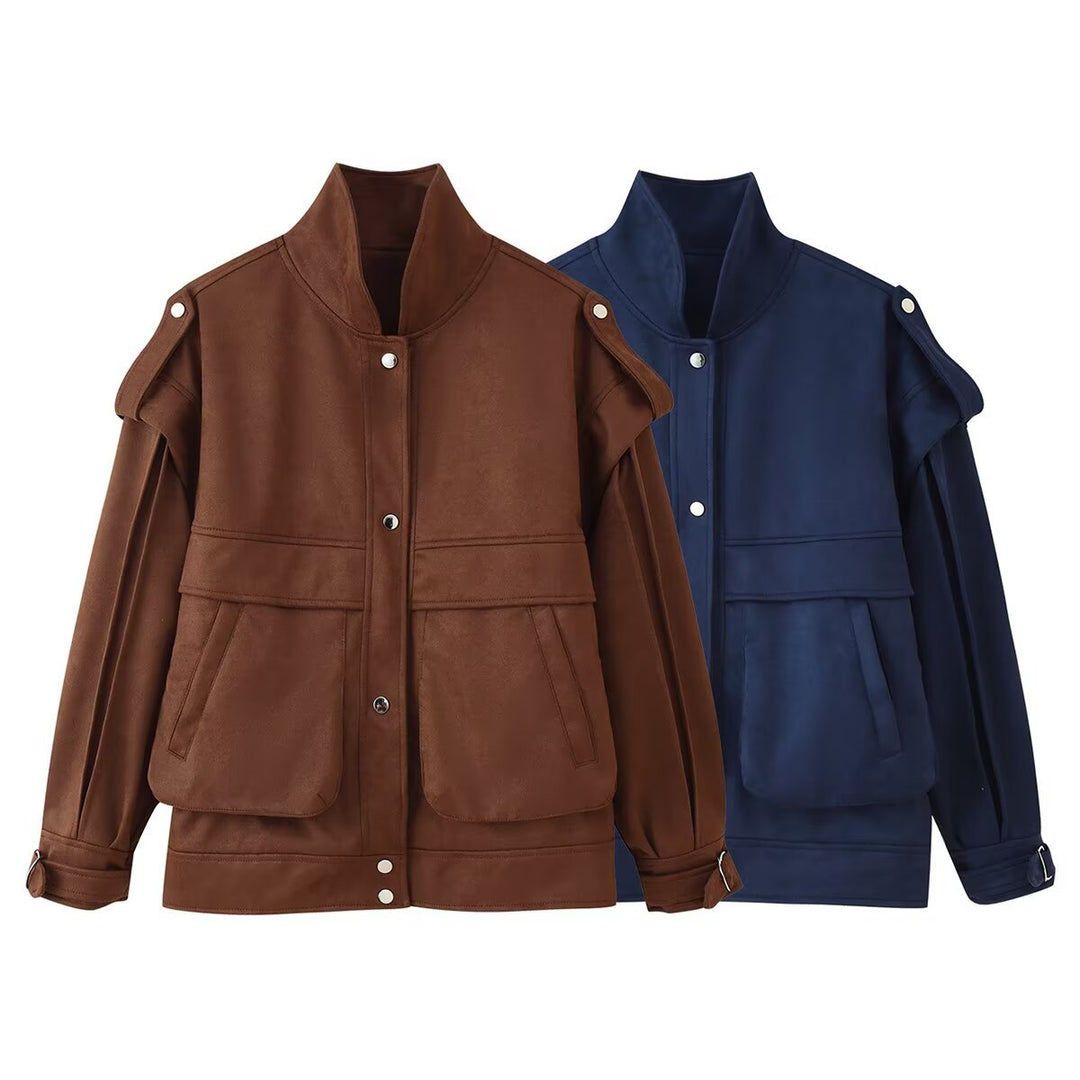 Damen Modische Utility-Jacke mit hohen Kragen und praktischen Taschen EB
