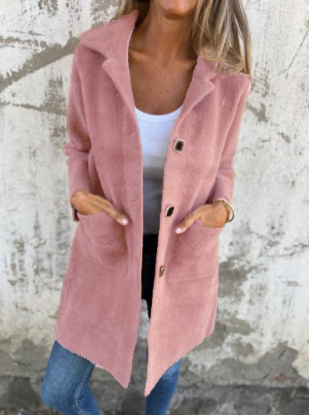 Damen Teddy-Mantel mit Oversize-Kragen, dekorativen Knöpfen und Eingrifftaschen EB