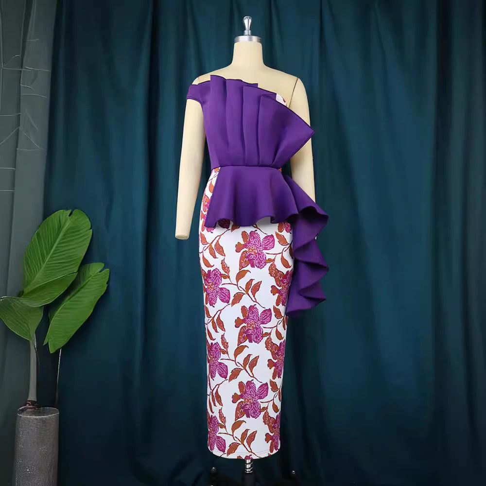 Damen elegantes Kleid mit asymmetrischem Rüschendesign und floralen Mustern EB