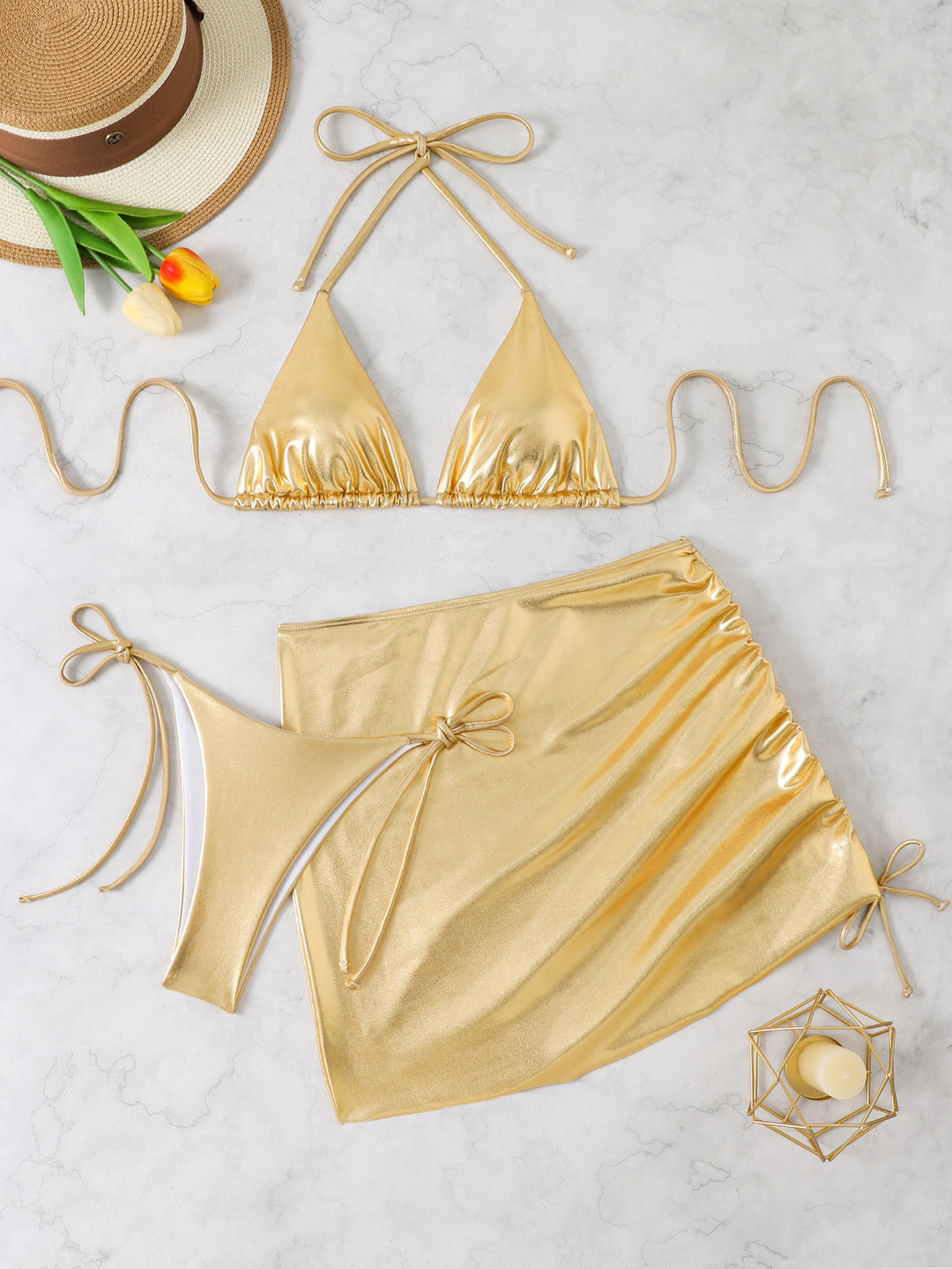 Damen Bikini-Set mit glänzendem Triangel-Oberteil und hohem Taillenschnitt EB