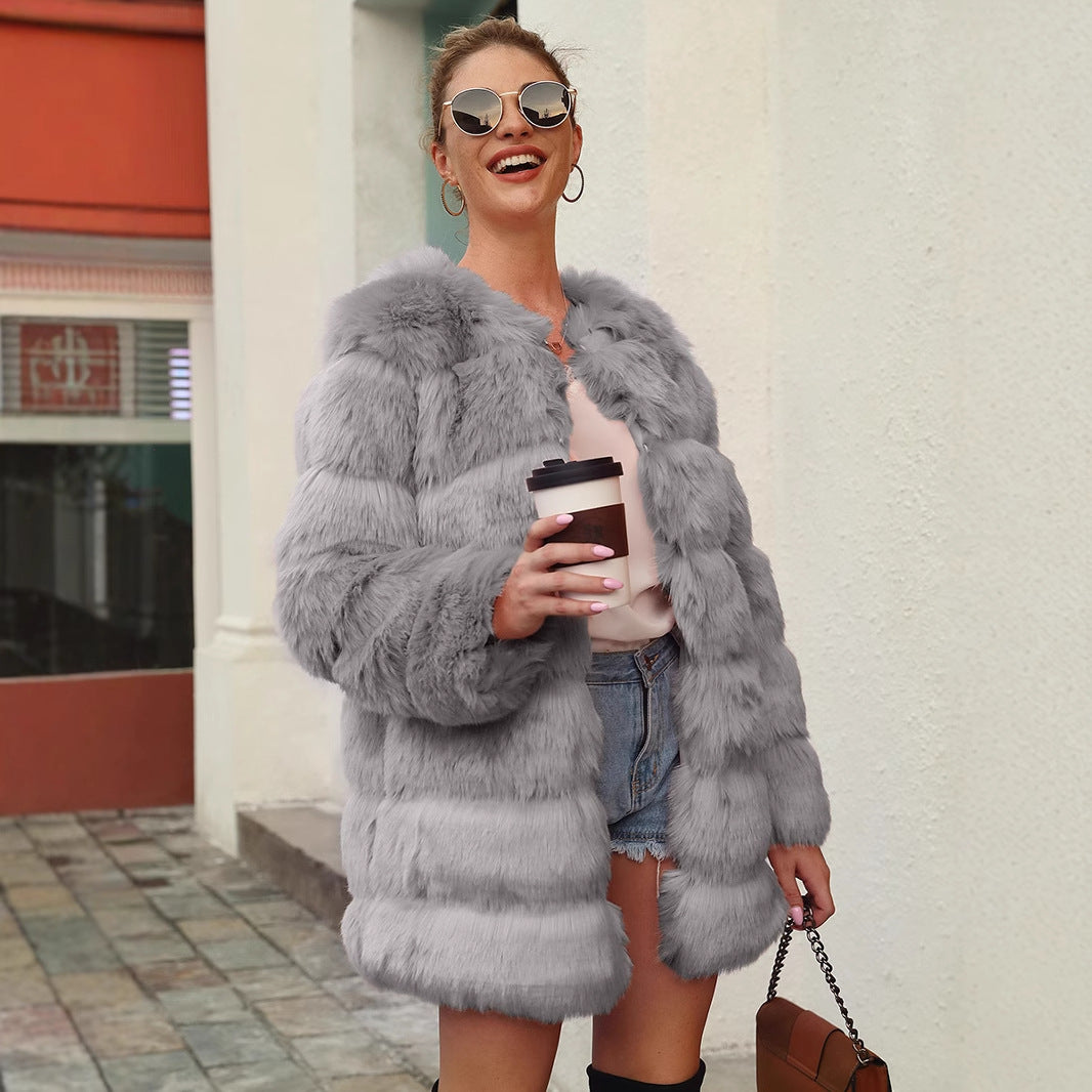Damen Lange Kunstfelljacke mit voluminösem Schnitt und modernem Design EB