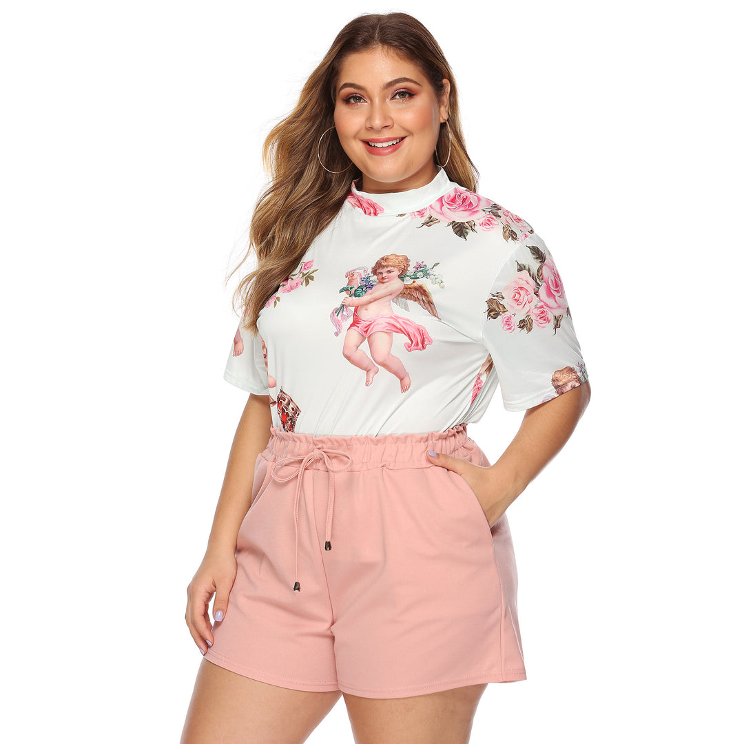 Damen lässiges Oberteil mit einzigartigem Engel-Druck und bequemen Shorts EB