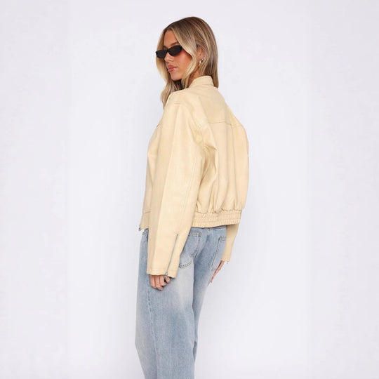 Damen Kunstleder Jacke mit elastischem Bund und hohem Stehkragen EB
