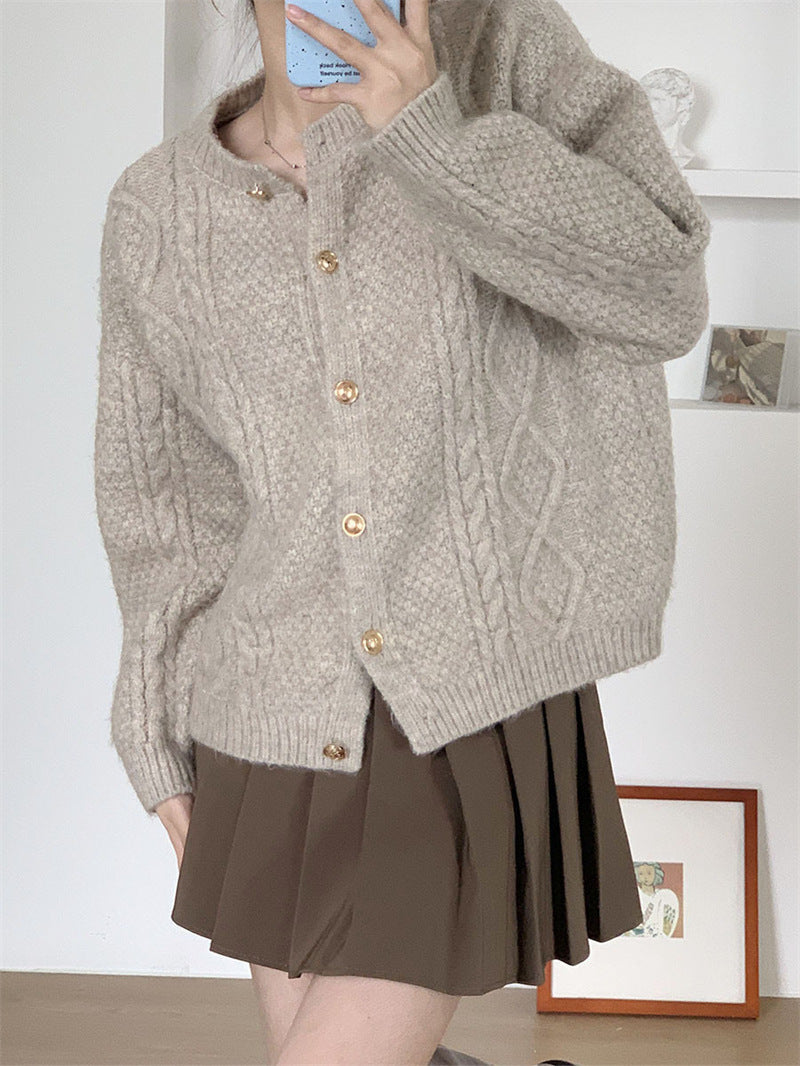 Damen Gemusterte Strickjacke mit goldenen Knöpfen und weitem Schnitt EB