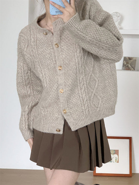 Damen Gemusterte Strickjacke mit goldenen Knöpfen und weitem Schnitt EB