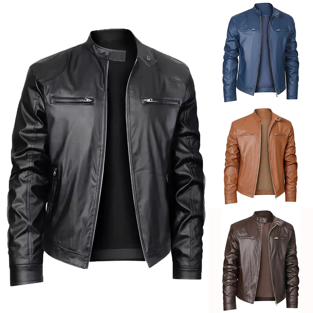 Herren nan schlanke Kunstleder-Bikerjacke mit Stehkragen, durchgehendem Reißverschluss und zwei Brusttaschen EB