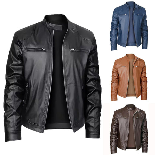 Herren nan schlanke Kunstleder-Bikerjacke mit Stehkragen, durchgehendem Reißverschluss und zwei Brusttaschen EB