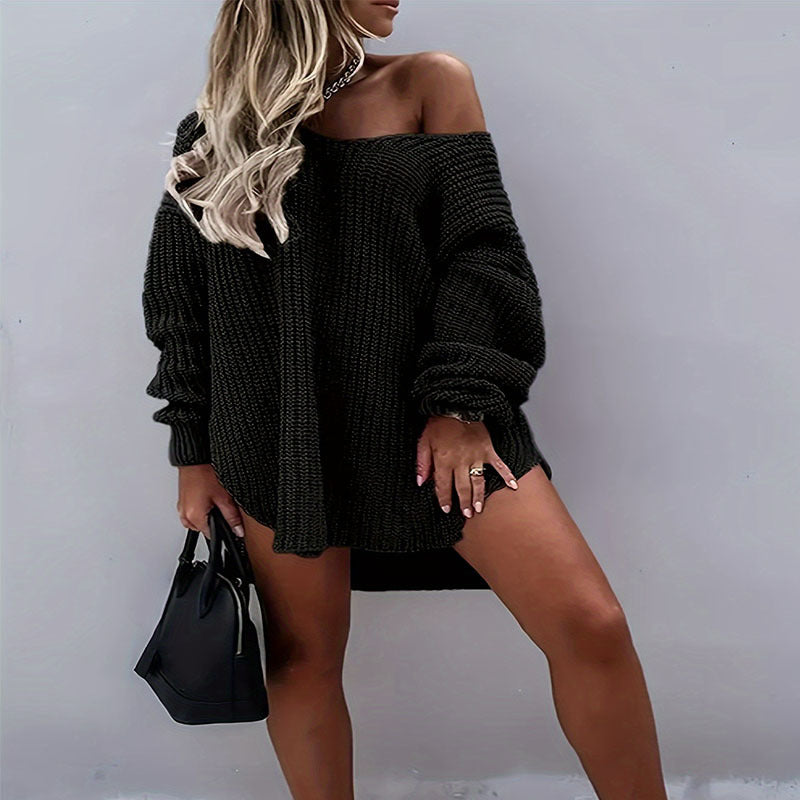 Damen lässiges Oversized-Strickkleid mit weitem Ausschnitt EB