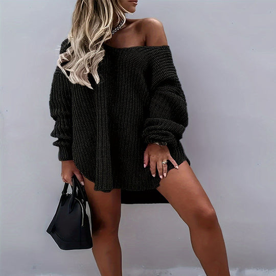 Damen lässiges Oversized-Strickkleid mit weitem Ausschnitt EB