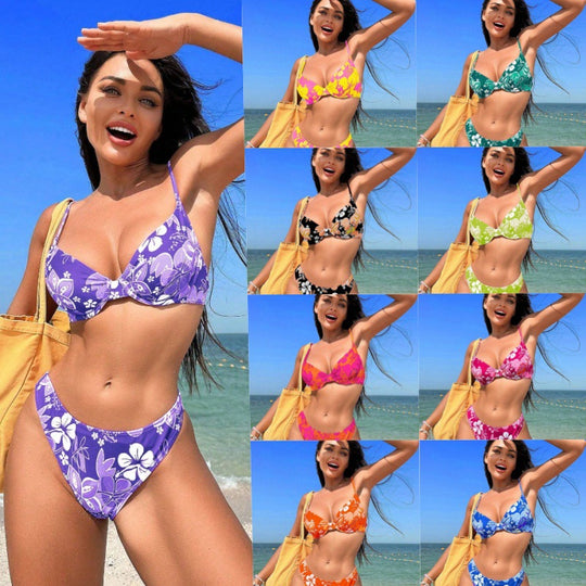 Damen gepolsterter Triangel-Bikini mit floralem Design und verstellbaren Trägern EB