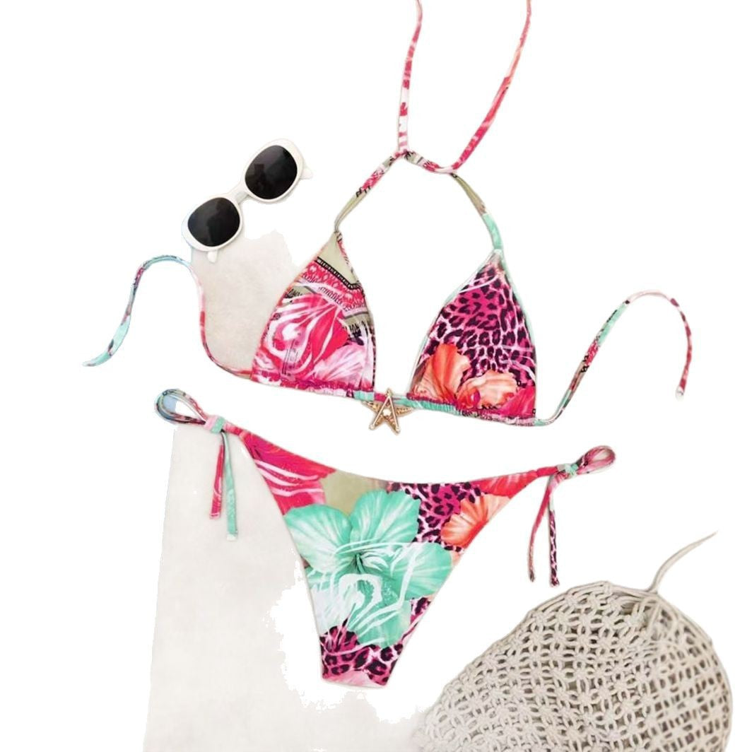 Damen Triangel-Bikini mit floralem Design und verstellbaren Bändern EB