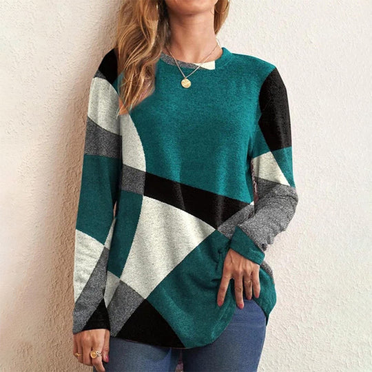 Damen nan Langarmshirt mit grafischem Print, Rundhalsausschnitt und geschwungenem Saum EB