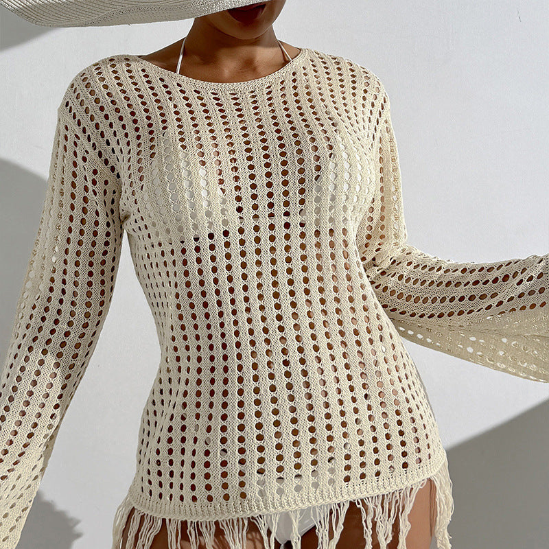 Damen Häkel-Strandüberwurf mit fransigem Saum und dekorativem Netzdesign EB