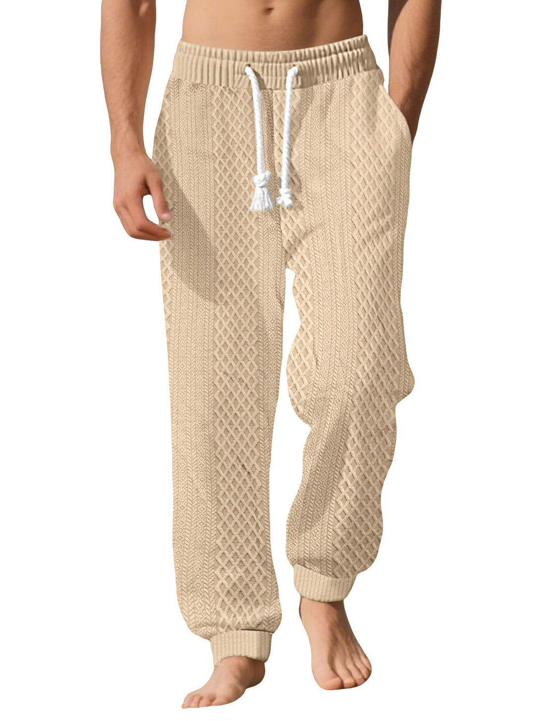 Herren nan gestrickte Wohlfühlhose mit Zopfstruktur, elastischem Bund, Kordelzug und Eingrifftaschen EB