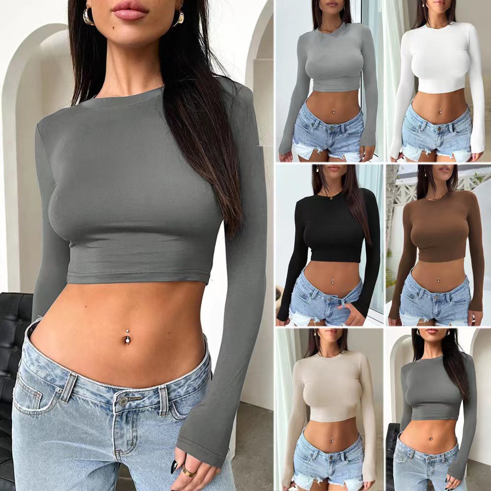 Damen Langarm-Crop-Top mit figurbetonter Passform und zeitlosem Design EB