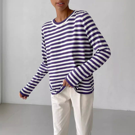 Damen nan gestreifter Baumwollpullover mit Rundhals und legerer Passform EB