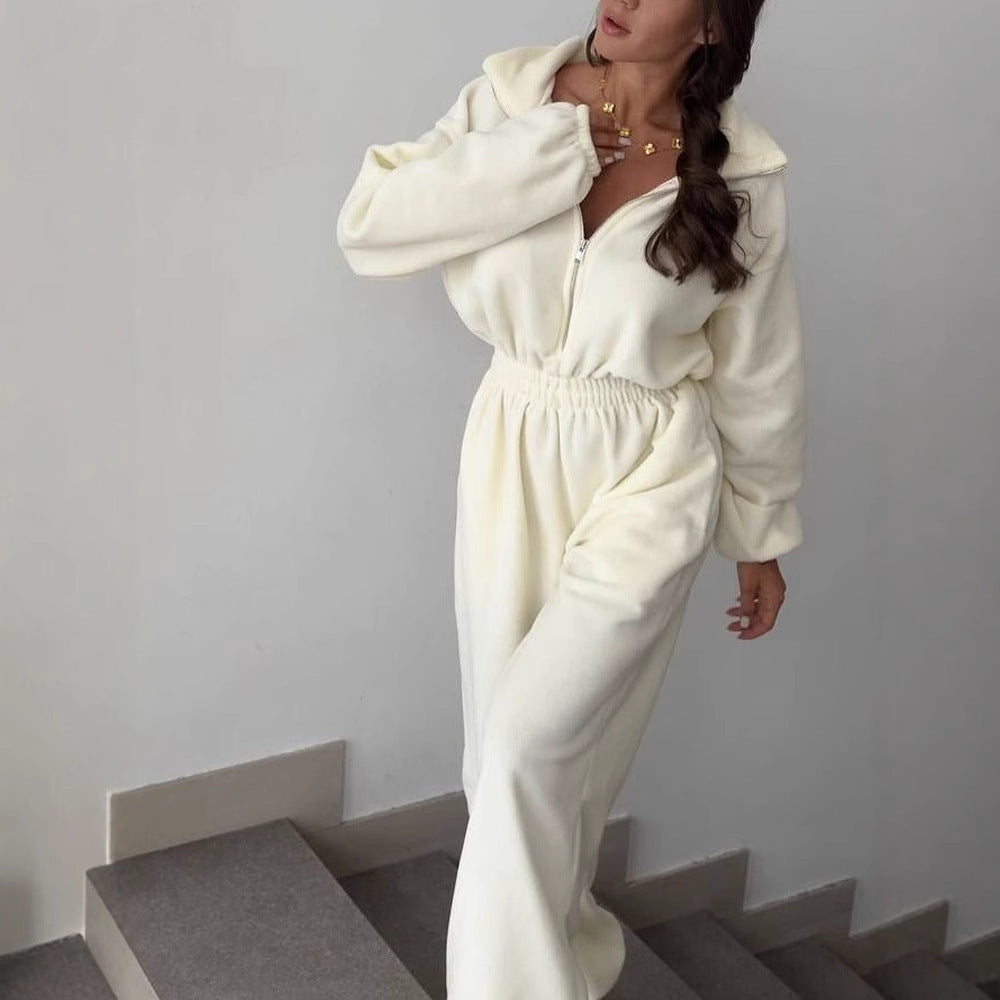 Damen kuscheliger Plüsch-Jumpsuit mit halbem Reißverschluss und elastischer Taille EB