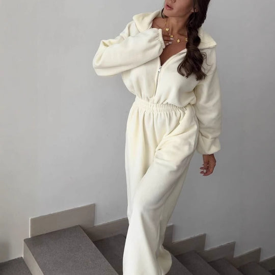 Damen kuscheliger Plüsch-Jumpsuit mit halbem Reißverschluss und elastischer Taille EB