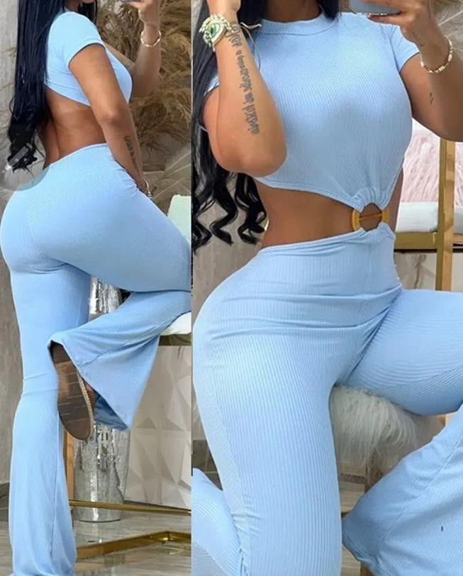 Damen cropped Oberteil mit hochtaillierter Hose im Ripp-Design EB