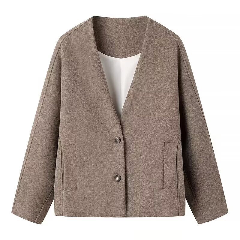 Damen modische Wolljacke mit elegantem Kragen und praktischen Taschen EB