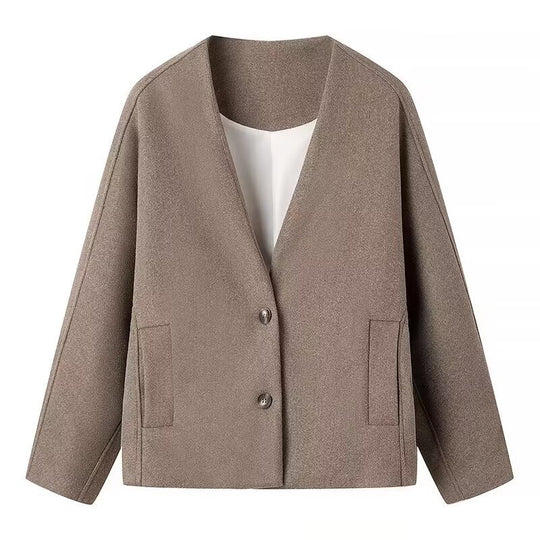 Damen modische Wolljacke mit elegantem Kragen und praktischen Taschen EB