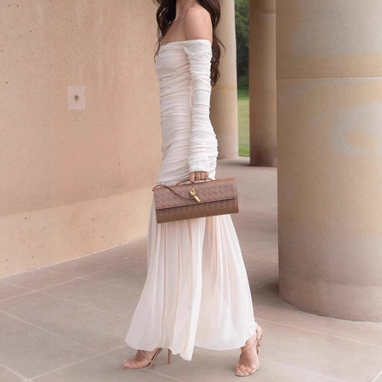 Damen Elegantes Off-Shoulder Maxikleid mit figurbetontem Design und fließendem Rock EB