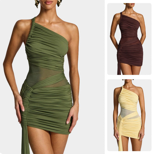 Damen Elegantes Ein-Schulter-Minikleid mit raffiniertem Drapierungsdesign und fließendem Rock EB
