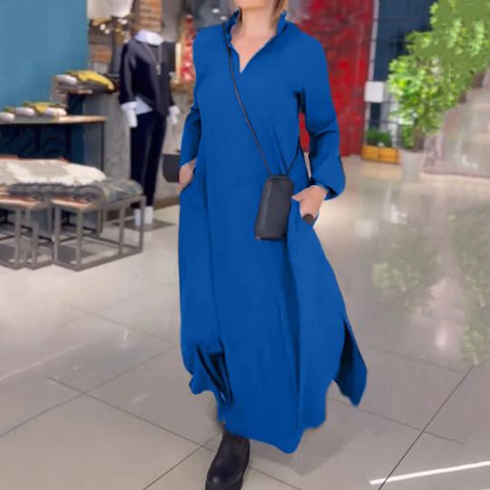 Damen elegantes Maxikleid mit praktischen Taschen und modernem Stehkragen EB