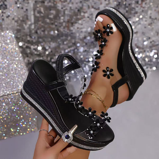Damen Wedge-Sandalen mit floralem Schmuck und Glitzerakzenten EB
