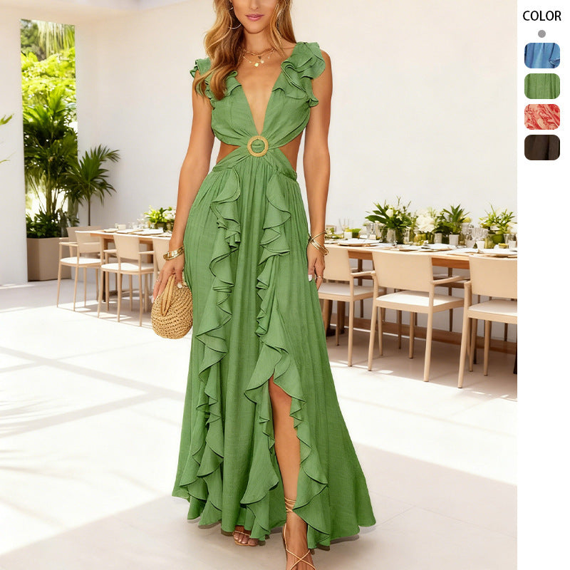 Damen Maxikleid mit voluminösen Rüschendetails und tiefem V-Ausschnitt EB
