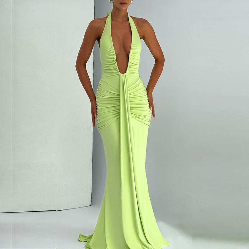 Damen Elegantes Maxikleid mit tiefem Ausschnitt und raffinierten Rüschendetails EB