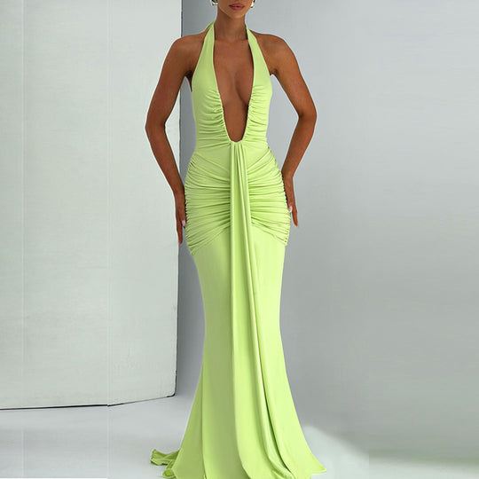 Damen Elegantes Maxikleid mit tiefem Ausschnitt und raffinierten Rüschendetails EB