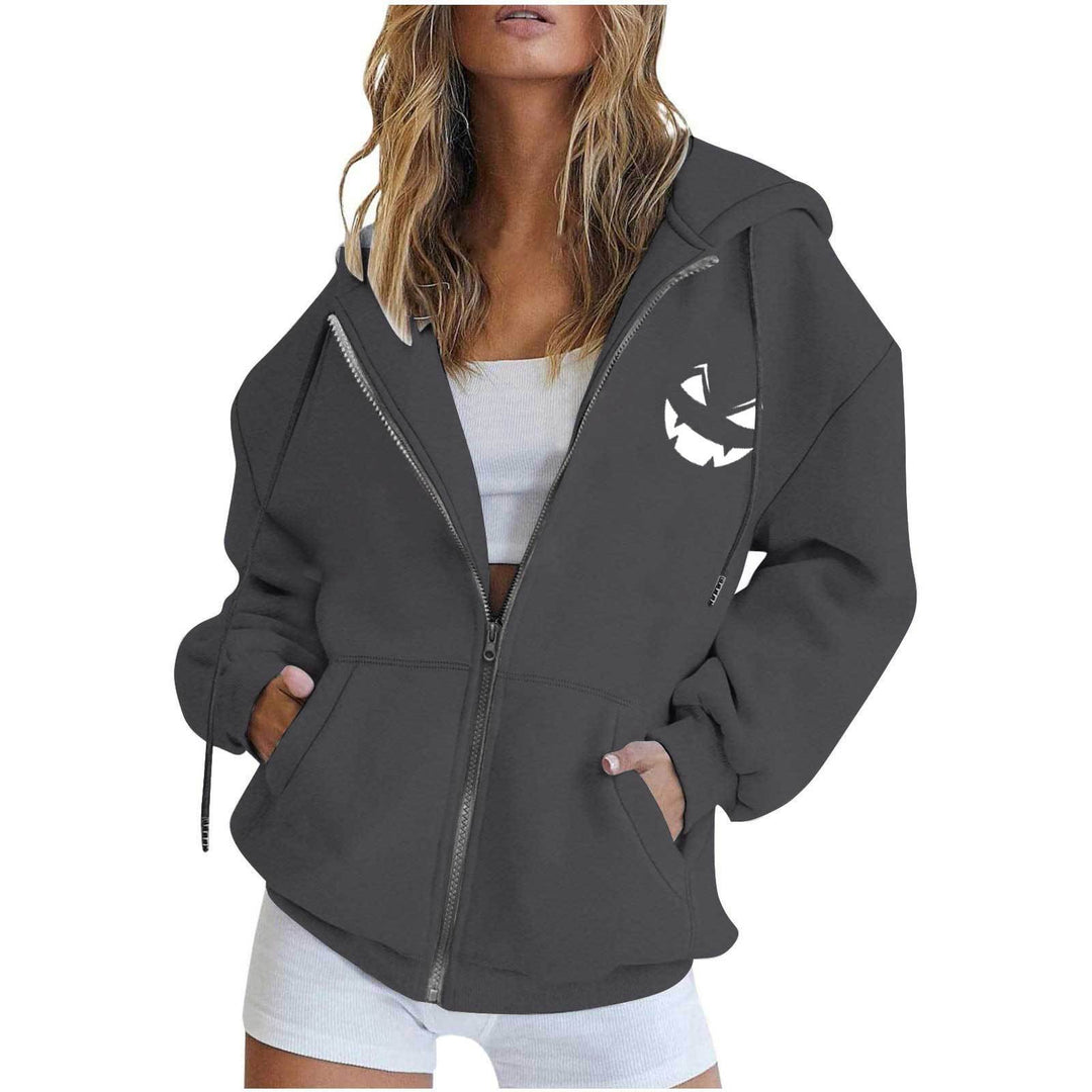 Damen nan oversized Kapuzenjacke mit Frontreißverschluss, Kängurutaschen und stilisiertem Sonnenblumenprint EB