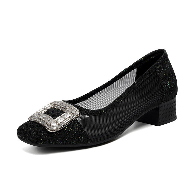 Damen Elegante Ballerinas mit modischem Schmuckdetail und komfortablem Blockabsatz EB