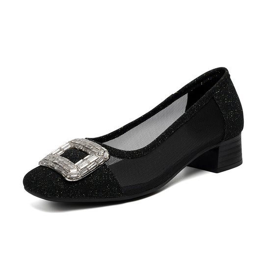 Damen Elegante Ballerinas mit modischem Schmuckdetail und komfortablem Blockabsatz EB