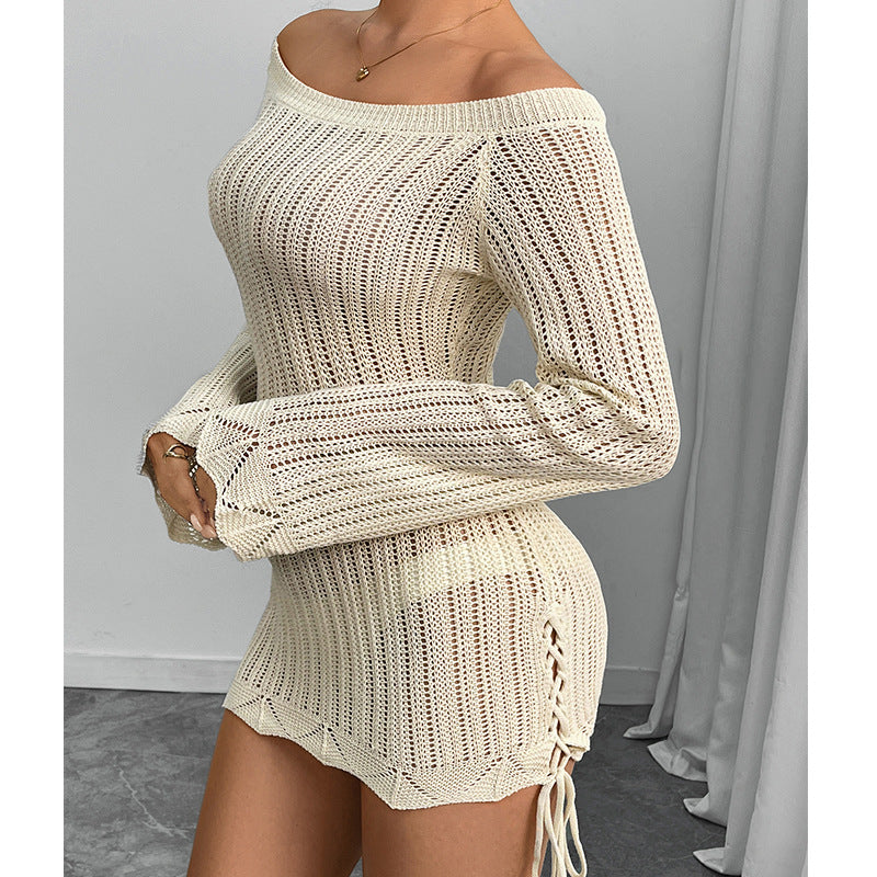Damen Strickkleid im modernen Off-Shoulder Design mit weiten Ärmeln und Raffungen EB