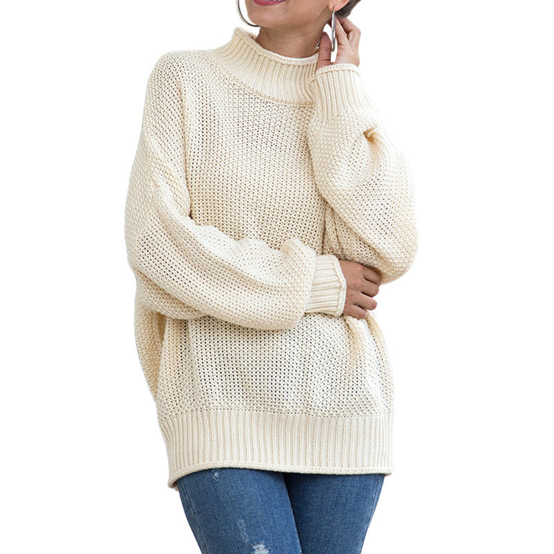 Damen Grobstrickpullover mit hohem Kragen und lockerem Schnitt EB