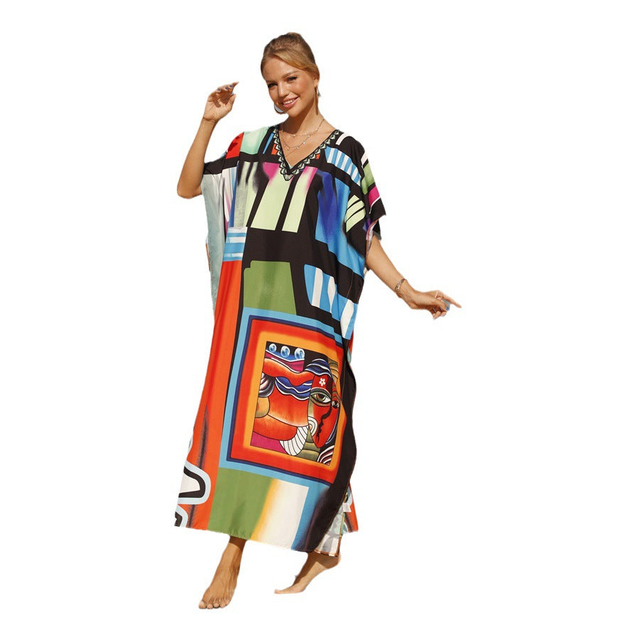 Damen Strandkaftan mit buntem grafischem Design und eleganten Akzenten EB