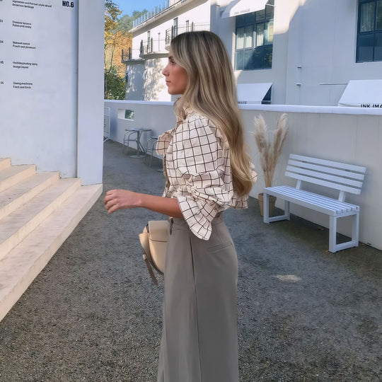 Damen Karierte Bluse mit eleganten Rüschendetails EB