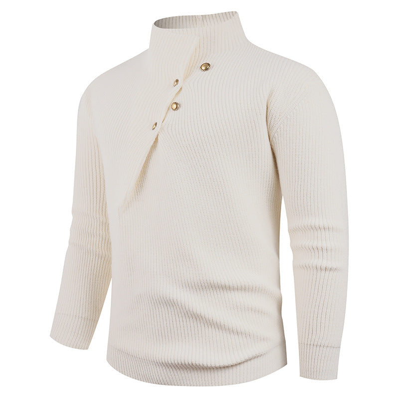 Herren Strickpullover mit asymmetrischem Kragen und dekorativen Holzknöpfen EB