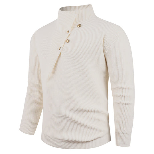 Herren Strickpullover mit asymmetrischem Kragen und dekorativen Holzknöpfen EB