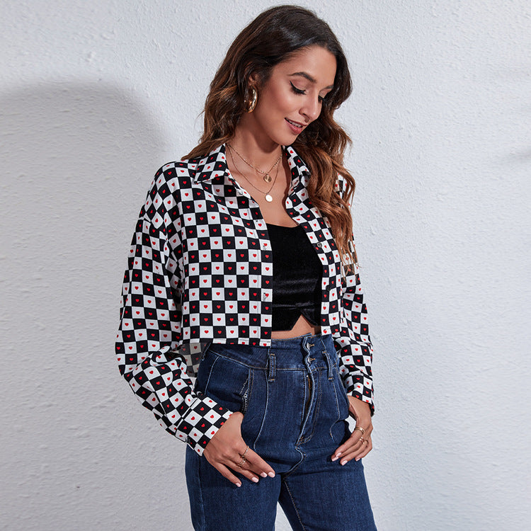 Damen Modische Karokbluse mit Herzen und cropped Schnitt EB