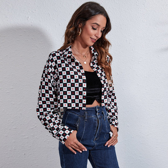 Damen Modische Karokbluse mit Herzen und cropped Schnitt EB