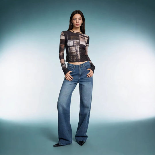 Damen nan hochgeschnittene Weitbein-Jeans mit tonaler Seitennaht und verwaschenem Verlauf EB