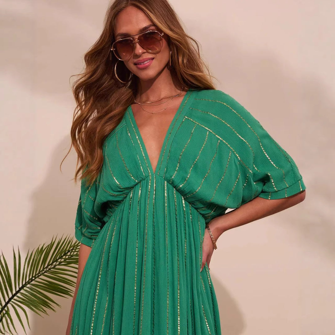 Damen Maxi-Kleid mit hochgeschlossenem V-Ausschnitt und fließendem Faltenwurf EB